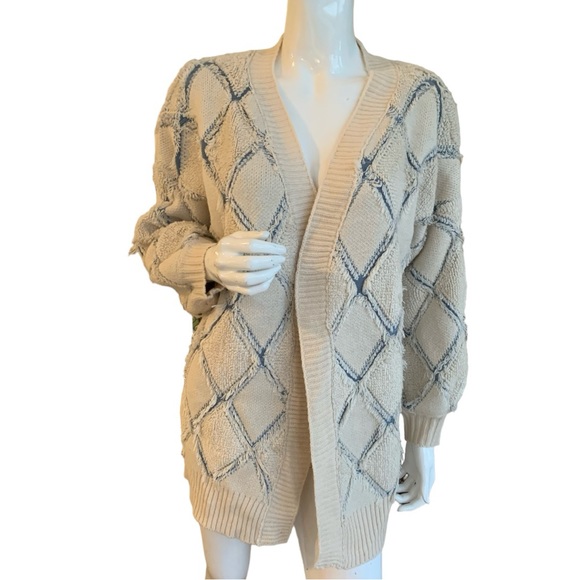 GILDED INTENT PULLED STITCH CREAM/BLUE CARDIGAN SWEATER. WOMEN’S SIZE  MEDIUM - Picture 7 of 12